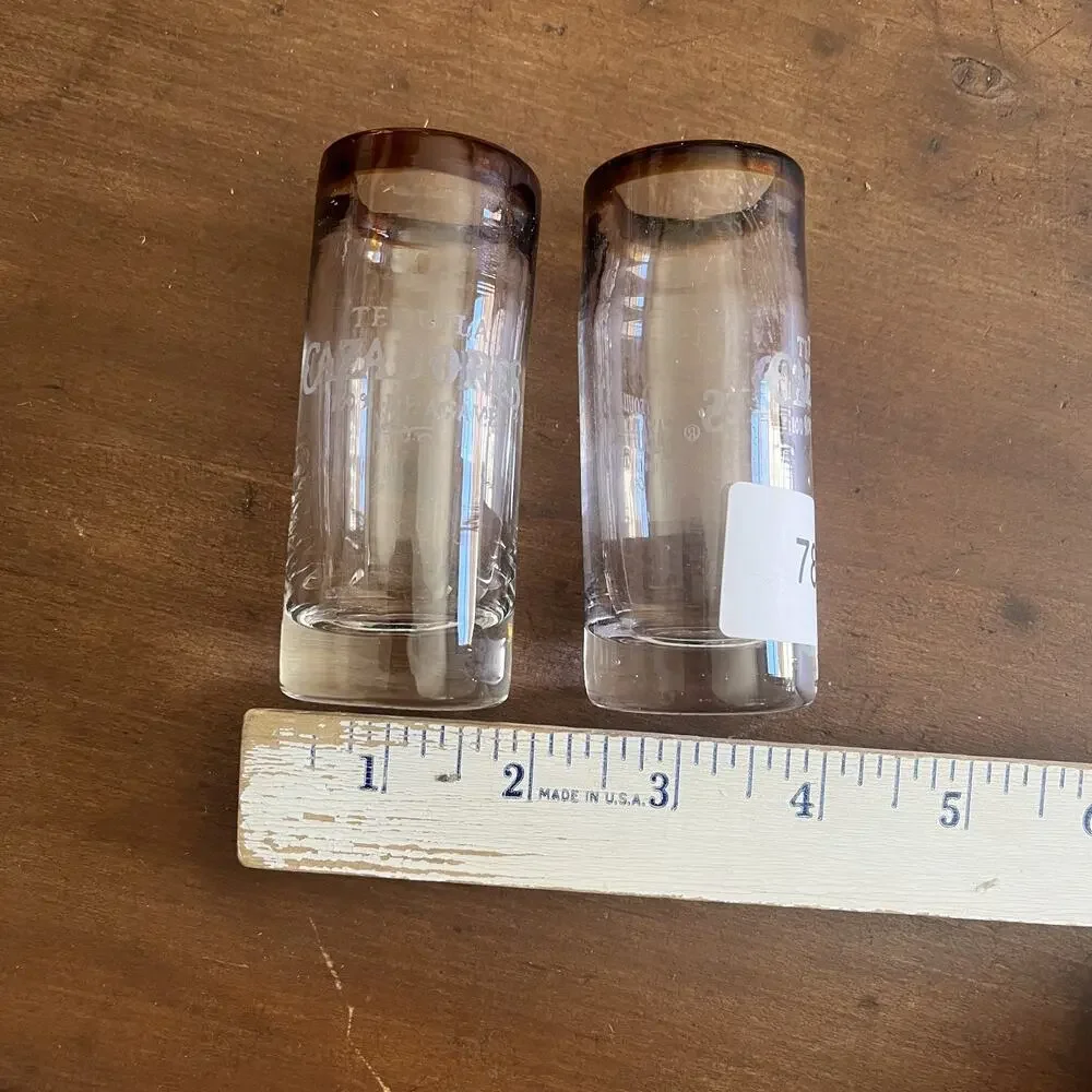 Glass Blown Cazadores Tequila Shot Glasses Amber Rim Thick Glass Set of 2